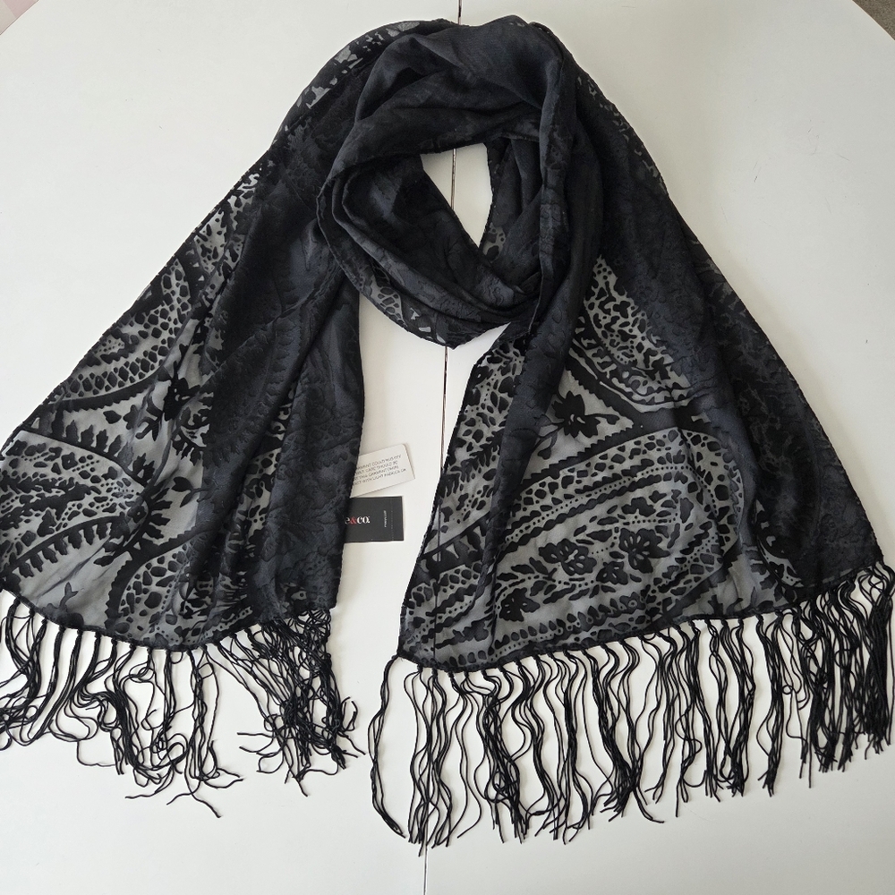 NWT Style & Co Burnout Chiffon Sheer Paisley Floral Fringed Black Scarf 20×73 In